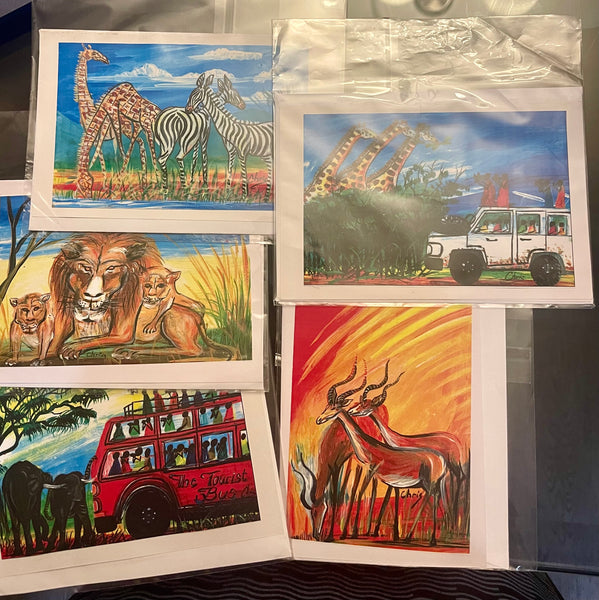 Set of 5 Original Ugandan African Safari Art Blank Notecards with Envelopes