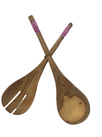 Hand Carved Beaded Wood Salad Set