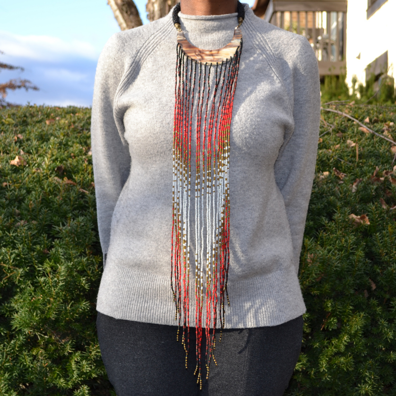 Handmade Ankole Cow Horn Necklace - Horn Collar with Long Seed Beads