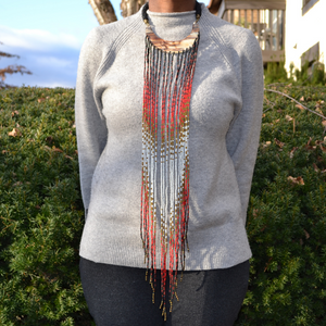 Handmade Ankole Cow Horn Necklace - Horn Collar with Long Seed Beads