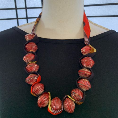 Ugandan Paper Bead & African Fabric Necklace (Choose Color)