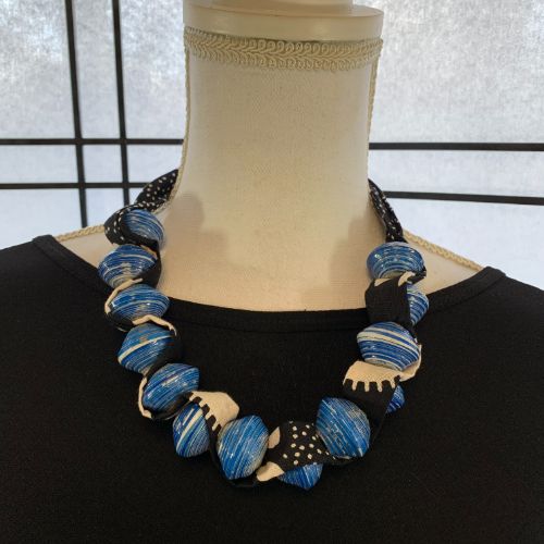 Ugandan Paper Bead & African Fabric Necklace (Choose Color)