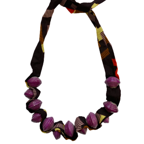 Ugandan Paper Bead & African Fabric Necklace (Choose Color)