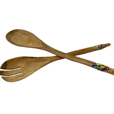 Hand Carved Wood Salad Set