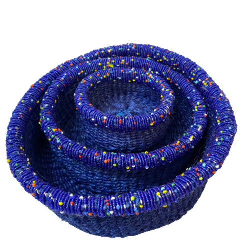Hand Woven 3-pc Nesting Basket Set with Beaded Rim (Multiple Color Options)