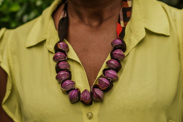 Ugandan Paper Bead & African Fabric Necklace (Choose Color)